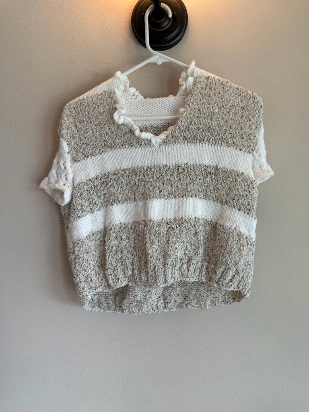 Handmade Striped Knit Sweater Top Short Sleeve Ruffle V-Neck Tan White Cropped